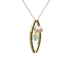 Lenta İnci Kolye - Pembe inci, siyah zirkon ve akuamarin 925 ayar altın kaplama gümüş kolye (40 cm rose altın rolo zincir) #1aeq688