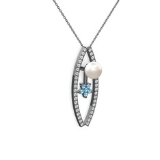 Lenta İnci Kolye - Inci, swarovski ve akuamarin 925 ayar siyah rodyum kaplama gümüş kolye (40 cm gümüş rolo zincir) #1ag8z98
