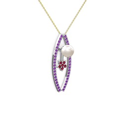 Lenta İnci Kolye - Inci, ametist ve rodolit garnet 14 ayar beyaz altın kolye (40 cm altın rolo zincir) #1b4v2ij