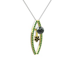 Lenta İnci Kolye - Siyah inci, yeşil kuvars ve siyah zirkon 8 ayar altın kolye (40 cm beyaz altın rolo zincir) #1b9aj4d