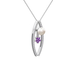 Lenta İnci Kolye - Inci, swarovski ve ametist 18 ayar beyaz altın kolye (40 cm beyaz altın rolo zincir) #1bpcgs0