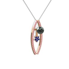Siyah inci, pembe kuvars ve lab safir 925 ayar rose altın kaplama gümüş kolye (40 cm beyaz altın rolo zincir)