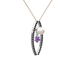 Lenta İnci Kolye - Inci, siyah zirkon ve ametist 18 ayar beyaz altın kolye (40 cm gümüş rolo zincir) #1bx2eoy