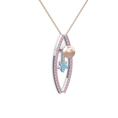 Lenta İnci Kolye - Pembe inci, pembe kuvars ve akuamarin 8 ayar beyaz altın kolye (40 cm rose altın rolo zincir) #1bxch6v