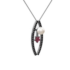 Inci, siyah zirkon ve rodolit garnet 925 ayar siyah rodyum kaplama gümüş kolye (40 cm gümüş rolo zincir)