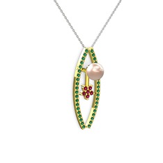 Lenta İnci Kolye - Pembe inci, yeşil kuvars ve rodolit garnet 14 ayar altın kolye (40 cm beyaz altın rolo zincir) #1cg93ti