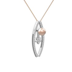 Lenta İnci Kolye - Pembe inci, swarovski ve pırlanta 18 ayar beyaz altın kolye (0.066 karat, 40 cm rose altın rolo zincir) #1cih6l3