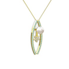 Lenta İnci Kolye - Inci, akuamarin ve pırlanta 18 ayar altın kolye (0.066 karat, 40 cm altın rolo zincir) #1cptcav