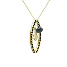 Siyah inci, siyah zirkon ve swarovski 18 ayar altın kolye (40 cm altın rolo zincir)
