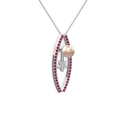 Pembe inci, rodolit garnet ve pırlanta 14 ayar beyaz altın kolye (0.066 karat, 40 cm beyaz altın rolo zincir)