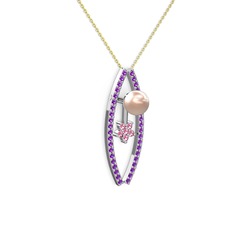 Lenta İnci Kolye - Pembe inci, ametist ve pembe kuvars 14 ayar beyaz altın kolye (40 cm altın rolo zincir) #1d0a6uz