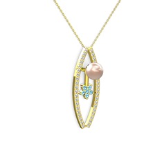 Pembe inci, swarovski ve akuamarin 14 ayar altın kolye (40 cm gümüş rolo zincir)