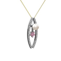 Lenta İnci Kolye - Inci, swarovski ve pembe kuvars 925 ayar siyah rodyum kaplama gümüş kolye (40 cm altın rolo zincir) #1dfydtb