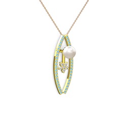 Lenta İnci Kolye - Inci, akuamarin ve swarovski 8 ayar altın kolye (40 cm rose altın rolo zincir) #1dkd5vp