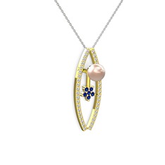 Pembe inci, pırlanta ve lab safir 925 ayar altın kaplama gümüş kolye (0.3 karat, 40 cm beyaz altın rolo zincir)