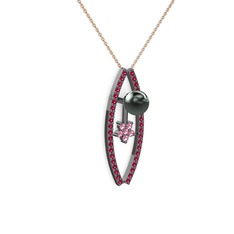 Siyah inci, rodolit garnet ve pembe kuvars 925 ayar siyah rodyum kaplama gümüş kolye (40 cm rose altın rolo zincir)