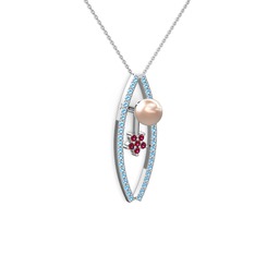 Lenta İnci Kolye - Pembe inci, akuamarin ve rodolit garnet 14 ayar beyaz altın kolye (40 cm gümüş rolo zincir) #1dxfr8w