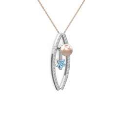 Lenta İnci Kolye - Pembe inci, pırlanta ve akuamarin 8 ayar beyaz altın kolye (0.3 karat, 40 cm rose altın rolo zincir) #1e1ewhn
