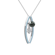Siyah inci, akuamarin ve swarovski 925 ayar gümüş kolye (40 cm beyaz altın rolo zincir)