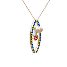 Pembe inci, lab safir ve rodolit garnet 8 ayar altın kolye (40 cm rose altın rolo zincir)