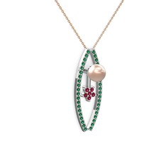 Lenta İnci Kolye - Pembe inci, yeşil kuvars ve rodolit garnet 8 ayar beyaz altın kolye (40 cm rose altın rolo zincir) #1edo4zm