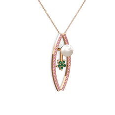 Inci, pembe kuvars ve yeşil kuvars 14 ayar rose altın kolye (40 cm rose altın rolo zincir)
