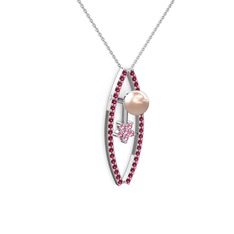 Pembe inci, rodolit garnet ve pembe kuvars 14 ayar beyaz altın kolye (40 cm beyaz altın rolo zincir)