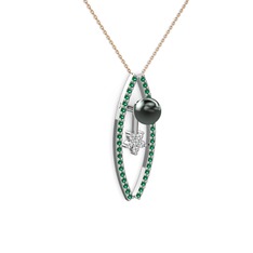 Siyah inci, yeşil kuvars ve swarovski 14 ayar beyaz altın kolye (40 cm gümüş rolo zincir)