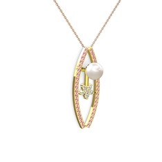Inci, pembe kuvars ve swarovski 925 ayar altın kaplama gümüş kolye (40 cm rose altın rolo zincir)