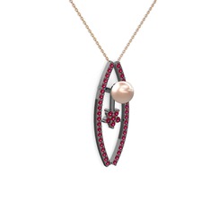 Pembe inci ve rodolit garnet 925 ayar siyah rodyum kaplama gümüş kolye (40 cm rose altın rolo zincir)