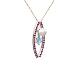 Inci, rodolit garnet ve akuamarin 8 ayar beyaz altın kolye (40 cm rose altın rolo zincir)