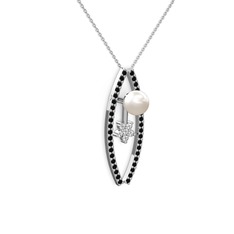 Lenta İnci Kolye - Inci, siyah zirkon ve swarovski 925 ayar gümüş kolye (40 cm gümüş rolo zincir) #1gby36j