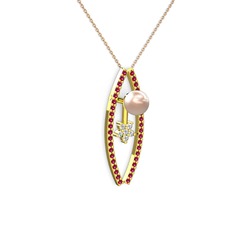 Pembe inci, rodolit garnet ve swarovski 8 ayar altın kolye (40 cm rose altın rolo zincir)