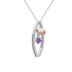 Pembe inci, swarovski ve ametist 8 ayar beyaz altın kolye (40 cm rose altın rolo zincir)
