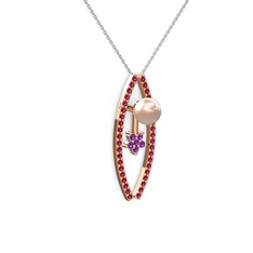 Pembe inci, rodolit garnet ve ametist 14 ayar rose altın kolye (40 cm beyaz altın rolo zincir)