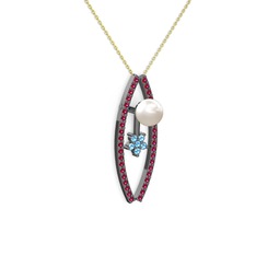 Inci, rodolit garnet ve akuamarin 925 ayar siyah rodyum kaplama gümüş kolye (40 cm altın rolo zincir)