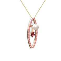Inci, pembe kuvars ve rodolit garnet 8 ayar rose altın kolye (40 cm altın rolo zincir)