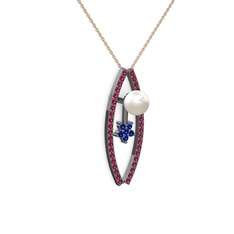 Lenta İnci Kolye - Inci, rodolit garnet ve lab safir 925 ayar siyah rodyum kaplama gümüş kolye (40 cm rose altın rolo zincir) #1gvzm2r