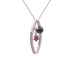 Lenta İnci Kolye - Siyah inci, pembe kuvars ve rodolit garnet 8 ayar beyaz altın kolye (40 cm rose altın rolo zincir) #1ha3a1u