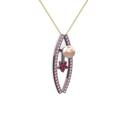 Lenta İnci Kolye - Pembe inci, pembe kuvars ve rodolit garnet 925 ayar siyah rodyum kaplama gümüş kolye (40 cm altın rolo zincir) #1harvs7