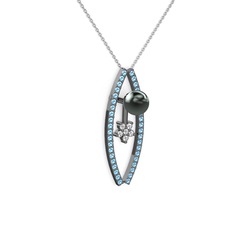 Lenta İnci Kolye - Siyah inci, akuamarin ve swarovski 925 ayar siyah rodyum kaplama gümüş kolye (40 cm beyaz altın rolo zincir) #1hjdlee