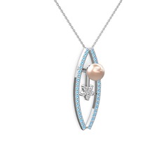 Lenta İnci Kolye - Pembe inci, akuamarin ve swarovski 14 ayar beyaz altın kolye (40 cm gümüş rolo zincir) #1hlxo49