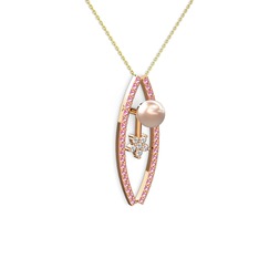 Pembe inci, pembe kuvars ve swarovski 14 ayar rose altın kolye (40 cm altın rolo zincir)