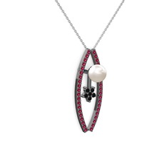 Lenta İnci Kolye - Inci, rodolit garnet ve siyah zirkon 925 ayar siyah rodyum kaplama gümüş kolye (40 cm beyaz altın rolo zincir) #1hqptib