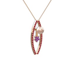 Pembe inci, rodolit garnet ve ametist 8 ayar rose altın kolye (40 cm rose altın rolo zincir)