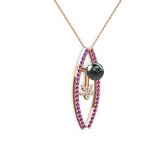 Lenta İnci Kolye - Siyah inci, ametist ve swarovski 14 ayar rose altın kolye (40 cm rose altın rolo zincir) #1i81rto