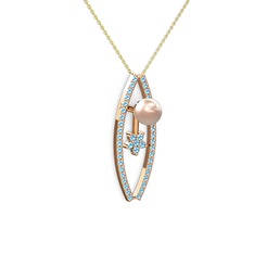 Lenta İnci Kolye - Pembe inci ve akuamarin 14 ayar rose altın kolye (40 cm gümüş rolo zincir) #1i9990w