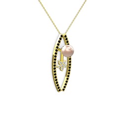 Lenta İnci Kolye - Pembe inci, siyah zirkon ve swarovski 14 ayar altın kolye (40 cm gümüş rolo zincir) #1ilb7b9