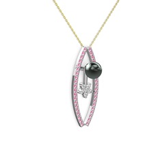 Siyah inci, pembe kuvars ve swarovski 925 ayar gümüş kolye (40 cm altın rolo zincir)