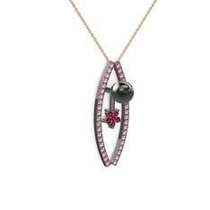 Siyah inci, pembe kuvars ve rodolit garnet 925 ayar siyah rodyum kaplama gümüş kolye (40 cm gümüş rolo zincir)